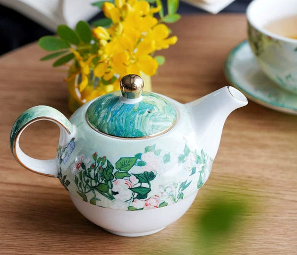 Ceramic Tea Pot with Integrated Cup, Mother-and-Baby Teapot with Matching Saucer, Vintage Style Stackable Tea Pot Set, English Style Tea Pot and Cup Set-Silvia Home Craft