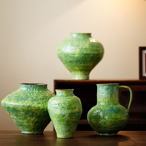 Centerpiece on Dining Table, Modern Pottery Flower Vases, Handmade Water Holding Flower Vases, Pottery Bud Vases, Large Green Flower Vases on Table-Silvia Home Craft