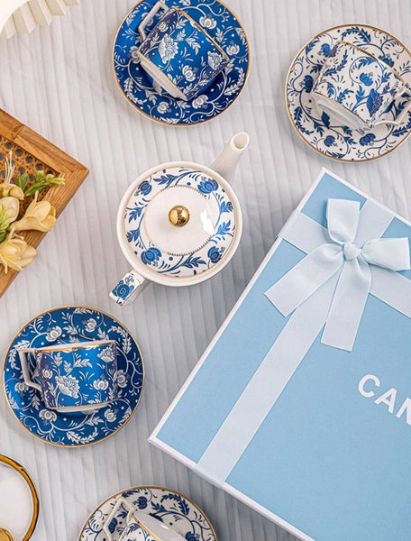 Unique British Traditional Afternoon Tea Cup Set with Teapot, 8 oz Ceramic Coffee Cup with Saucer Set of 4 cups in Gift Box, Blue Porcelain Tea Cup and Saucer Set-Silvia Home Craft