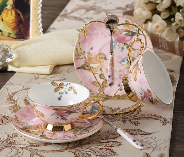 Elegant Ceramic Coffee Cups, 7.4 oz British Tea Cups, Bird Porcelain Tea Cup Saucer Set, Tea Cup and Saucer in Gift Box as Birthday Gift-Silvia Home Craft