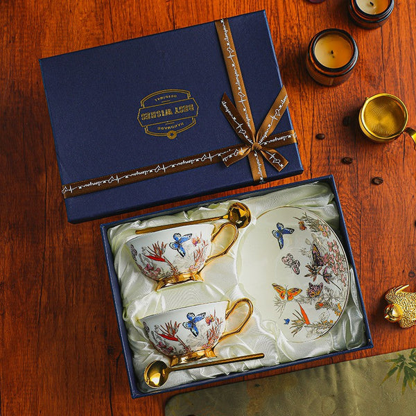 Ceramic Coffee Cups in Gift Box, Butterfly Pattern Porcelain Tea Cup and Saucer Set, British Traditional Afternoon Tea Cup and Saucer Set-Silvia Home Craft