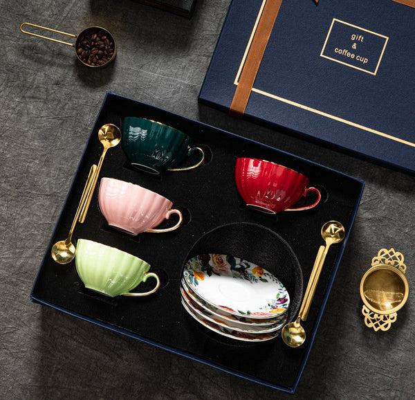 Elegant Ceramic Coffee Cups, Beautiful British Tea Cups, Creative Porcelain Tea Cup Saucer Set, 6.8 oz Tea Cup and Saucer in Gift Box-Silvia Home Craft