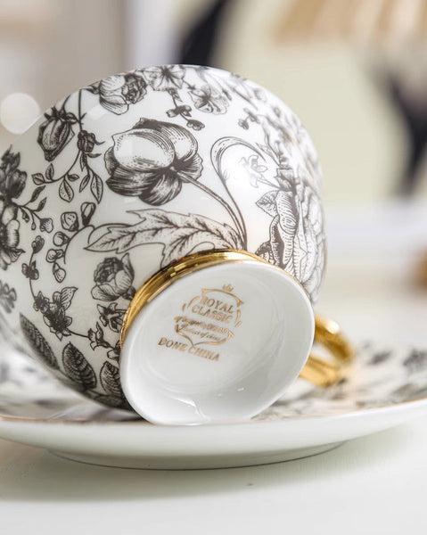 Elegant Flower Ceramic Cups, Unique Royal Coffee Cup and Saucer, Creative Bone China Porcelain Tea Cup Set, Beautiful British Tea Cups-Silvia Home Craft