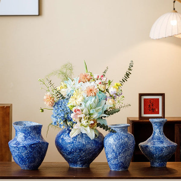 Modern Pottery Flower Vases, Handmade Water Holding Flower Vases, Centerpiece on Dining Table, Blue Pottery Bud Vases, Large Flower Vases on Table-Silvia Home Craft