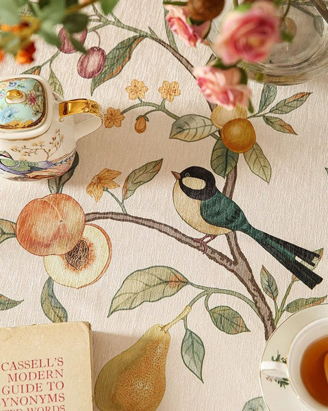 Bird and Fruit Tree Kitchen Table Cover, Linen Table Cover for Dining Room Table, Tablecloth for Round Table, Simple Modern Rectangle Tablecloth Ideas for Oval Table-Silvia Home Craft