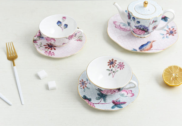 Elegant Ceramic Coffee Cups, Creative Porcelain Tea Cup Saucer Set, Unique Porcelain Cup and Saucer, Beautiful British Flower Tea Cups-Silvia Home Craft