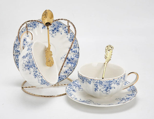 Blue Porcelain Tea Cup Saucer Set, British Royal Ceramic Cups for Traditional Afternoon Tea, Unique Blue Tea Cup and Saucer in Gift Box, Elegant Ceramic Coffee Cups-Silvia Home Craft