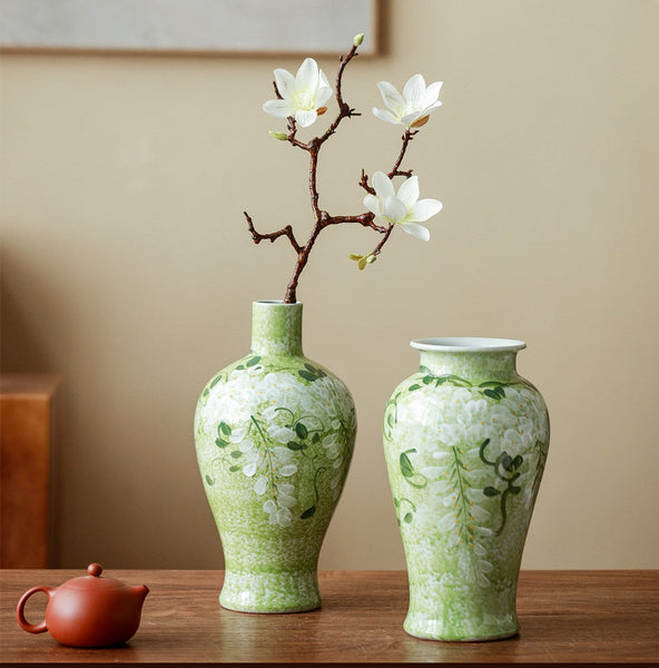 Large Flower Vases on Table, Green Porcelain Flower Vases, Centerpiece Ceramic Bud Vases, Handmade Water Holding Flower Vase-Silvia Home Craft