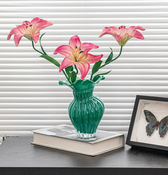 Contemporary Vases for Modern Home Decor, Unique Handmade Liuli Vases, Color Glaze Vase, Green Glass Bud Vases, Centerpiece Vases on Table-Silvia Home Craft