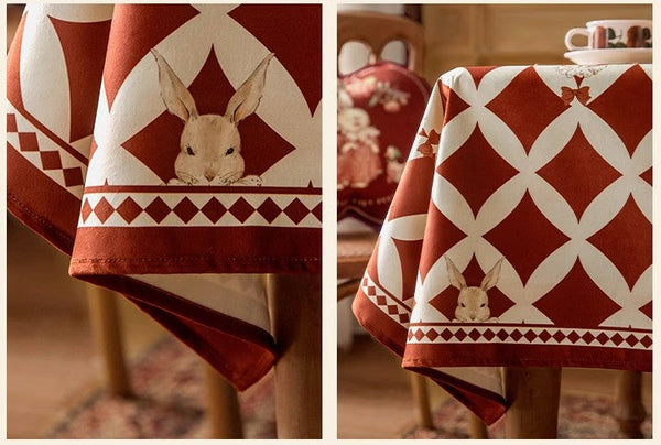 Holiday Red Tablecloth for Dining Table, Rabbit Pattern Table Cover for Dining Room Table, Modern Rectangle Tablecloth for Oval Table-Silvia Home Craft