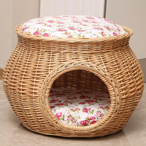 Rattan Cat Bed, Wicker Cat House Basket with Washable Cushion for Indoor Cats and Dogs-Silvia Home Craft
