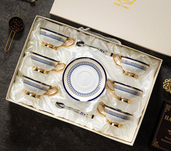 Elegant British Ceramic Coffee Cups, Unique British Tea Cup and Saucer in Gift Box, Blue Bone China Porcelain Tea Cup Set-Silvia Home Craft