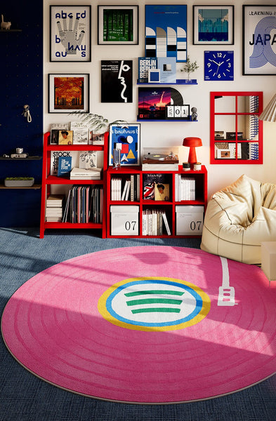 Geometric Round Rugs for Small House, Pink Modern Floor Rugs Next to Bed, Circular Modern Rugs for Dining Room, Contemporary Floor Carpets for Apartment-Silvia Home Craft