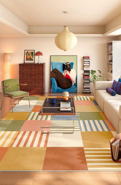 Living Room Modern Rugs, Modern Living Room Rug Placement Ideas, Contemporary Geometric Rugs for Bedroom, Colorful Carpets for Apartment-Silvia Home Craft