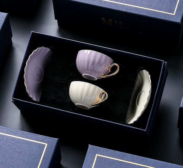 Handmade Beautiful British Tea Cups, Creative Porcelain Tea Cup Saucer Set of 2 Cups, Elegant Macaroon Ceramic Coffee Cups, 6.8 oz Tea Cup and Saucer in Gift Box as Birthday Gift-Silvia Home Craft