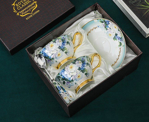 Elegant British Ceramic Coffee Cups, Unique Tea Cup and Saucer in Gift Box, Royal Bone China Porcelain Tea Cup Set, Rose Flower Pattern Ceramic Cups-Silvia Home Craft