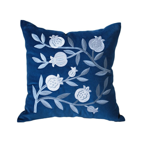 Blue Embroidered Pomegranate Cushion, Large Decorative Pillows for Couch, Living Room Decorative Pillows, Modern Throw Pillows for Bedroom, Decorative Pillow Arrangement Ideas for Couch-Silvia Home Craft