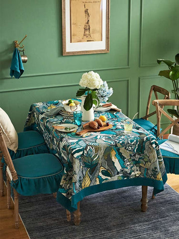 Large Modern Rectangle Tablecloth for Dining Room Table, Blue Flower Pattern Farmhouse Table Cloth, Square Tablecloth for Round Table-Silvia Home Craft