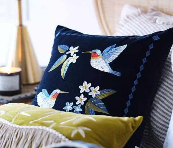 Decorative Pillow Arrangement Ideas for Couch, Vintage Decorative Pillows, Embroidered Birds Cushion, Decorative Pillows for Couch, Modern Throw Pillows for Bedroom-Silvia Home Craft