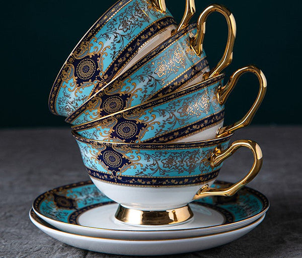 Elegant British Ceramic Coffee Cups, Bone China Porcelain Tea Cup Set for Office, Unique Tea Cup and Saucer in Gift Box-Silvia Home Craft