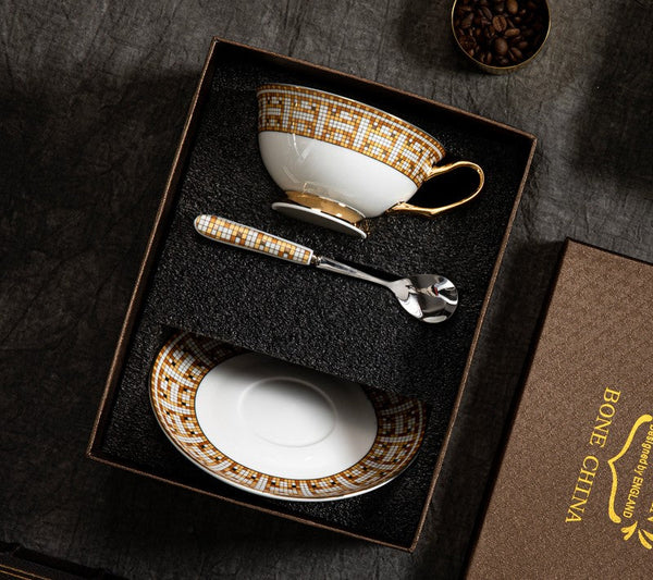Handmade Elegant British Ceramic Coffee Cups, 6.8 oz Tea Cup and Saucer in Gift Box, Porcelain Tea Cup Set for Office, Yellow Ceramic Cups-Silvia Home Craft