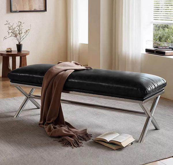 Modern Shoe Changing Ottoman, Mid-Century Hall Bench, Luxury Genuine Leather Entry Bench, Upholstered Shoe Bench, Contemporay Bedroom Bench, Narrow Entryway Bench-Silvia Home Craft