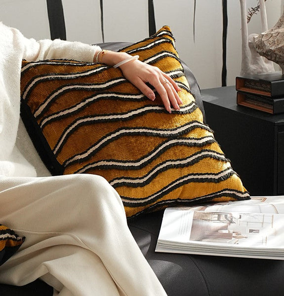 Golden Contemporary Pillows, Abstract Decorative Throw Pillows, Square Modern Throw Pillows for Couch, Large Simple Throw Pillow for Interior Design-Silvia Home Craft