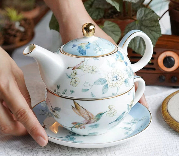 Stackable Teapot and Cup Set, Ceramic Tea Pot with Integrated Cup, Porcelain Teapot with Matching Cup and Saucer in Gift Box, Mother-and-Baby Teapot with Matching Saucer-Silvia Home Craft