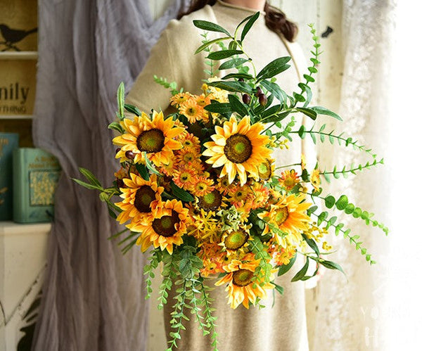Large Bunch of Yellow Sunflowers, Unique Floral Arrangement for Home Decoration, Table Centerpiece, Real Touch Artificial Flowers for Living Room-Silvia Home Craft