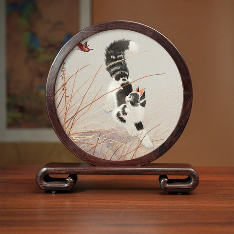 Unique Birthday Gift, Traditional Chinese Suzhou Kitten Embroidery Ornament, Lovely Kitty Cat Embroidered Decor, Premium Souvenir, Exclusive Business Present-Silvia Home Craft