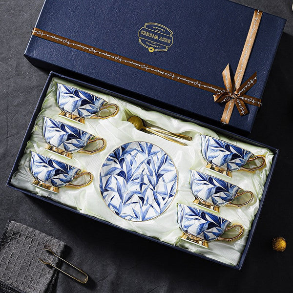 Unique British Tea Cup and Saucer in Gift Box, Blue Porcelain Tea Cup Saucer Set, 7.4 oz British Ceramic Coffee Cups-Silvia Home Craft