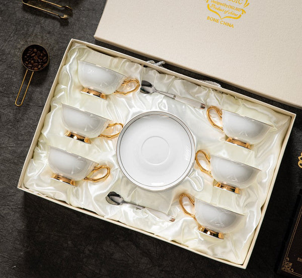 White Ceramic Cups, Elegant British Ceramic Coffee Cups, 7.8 oz Porcelain Tea Cup Saucer Set, Unique Tea Cup and Saucer in Gift Box-Silvia Home Craft
