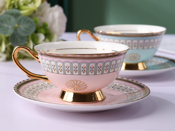 Royal Blue and Pink Porcelain Tea Cup Saucer Set, Tea Cup and Saucer in Gift Box, Elegant Ceramic Coffee Cups, Beautiful British Tea Cups-Silvia Home Craft