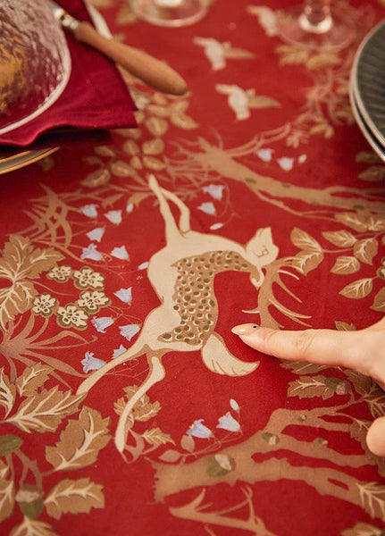 Long Modern Rectangular Tablecloth for Dining Room Table, Forest Deer Red Table Covers, Square Tablecloth for Kitchen, Extra Large Tablecloth for Round Table-Silvia Home Craft