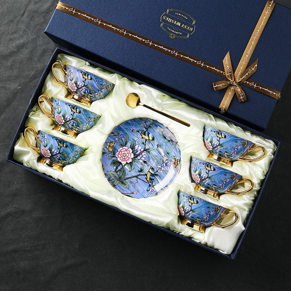 Blue Bird and Butterfly Porcelain Tea Cup Saucer Set, 7.4 oz British Tea Cup and Saucer in Gift Box, Elegant British Ceramic Coffee Cups-Silvia Home Craft