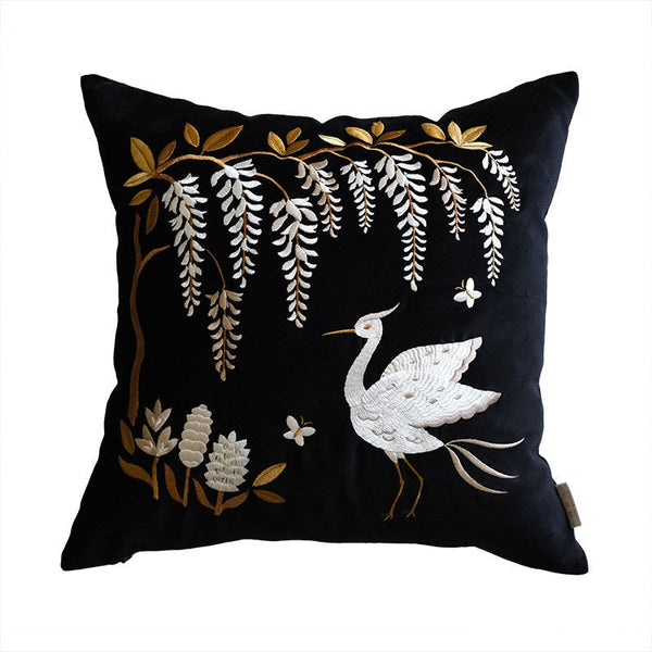 Decorative Pillow Arrangement Ideas for Bed, Embroidered Egret Cushion, Vintage Decorative Pillows, Luxury Decorative Pillows for Couch, Modern Throw Pillows for Couch-Silvia Home Craft