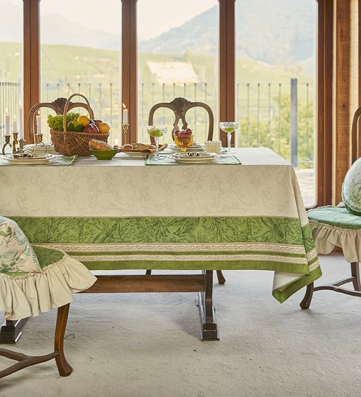 Farmhouse Table Cloth, Lilies Of The Valley Flower Pattern Tablecloth, Delicate Spring Blossom Design, Rustic Country Kitchen Decor, Bell Shaped Floral Print, Green Leaf Accent Dining Mat, Cotton Linen Blend Cover, Vintage Style Home Accessory, Nature Inspired Table Linen, Charming Botanical Theme Cloth