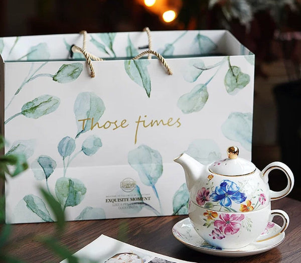 Ceramic Tea Pot with Integrated Cup, Stackable Teapot and Cup Set, Porcelain Teapot with Matching Cup and Saucer in Gift Box, Mother and Baby Teapot with Matching Saucer-Silvia Home Craft