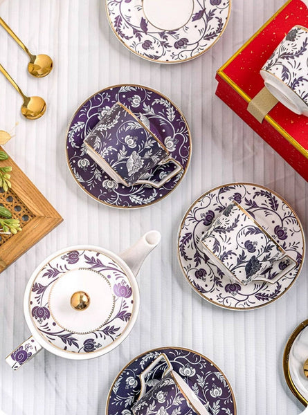 British Traditional Afternoon Tea Cup Set of 4 cups, 8 oz Ceramic Coffee Cup with Saucer in Gift Box, Porcelain Tea Cup and Saucer Set with Teapot-Silvia Home Craft