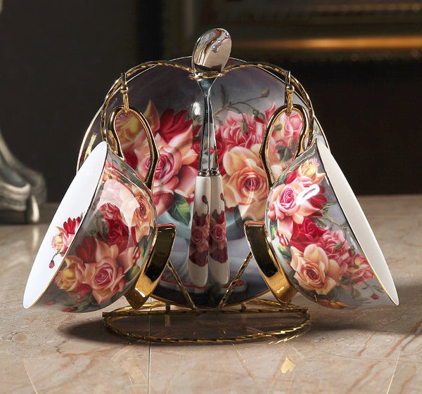 Ceramic Tea Cups and Saucers in Gift Box, Rose Flower Royal Porcelain Tea Cup Sucer Set, Elegant Ceramic Coffee Cups, Beautiful British Tea Cups-Silvia Home Craft