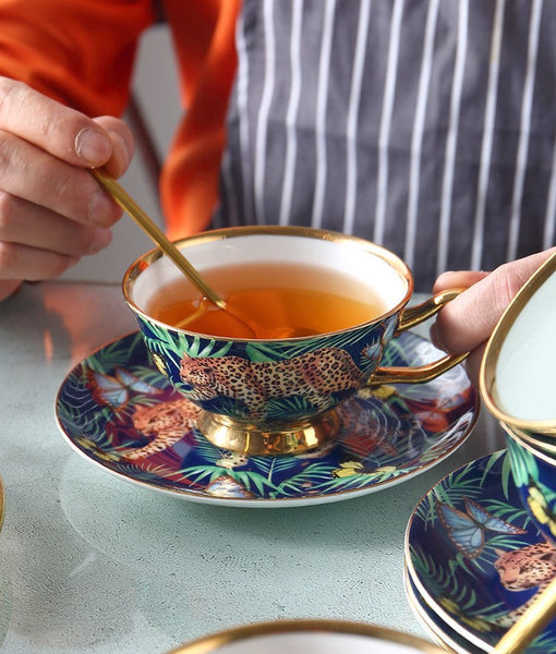 Creative Leopard Ceramic Coffee Cups, Unique Tea Cups and Saucers in Gift Box as Birthday Gift, Beautiful British Tea Cups, Creative Porcelain Tea Cup Set-Silvia Home Craft