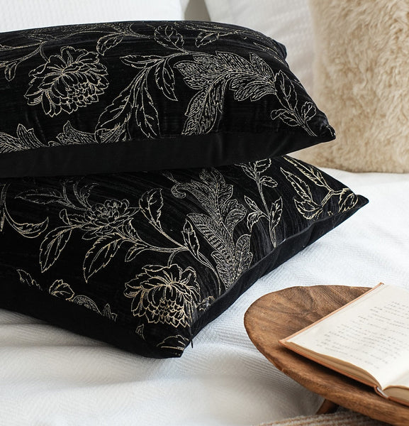 Contemporary Modern Sofa Pillows, Black Embroidery Flower Pattern Pillows for Couch, Decorative Throw Pillows for Bedroom, Large Modern Sofa Pillow for Dining Room-Silvia Home Craft