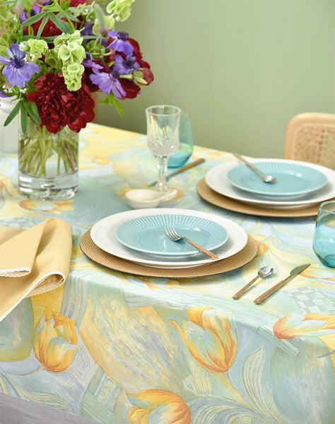 Country Farmhouse Tablecloth, Extra Large Rectangle Tablecloth for Dining Room Table, Tulip Flowers Rustic Table Covers for Kitchen, Square Tablecloth for Round Table-Silvia Home Craft