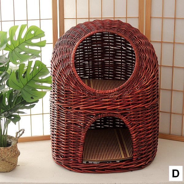 Large Double-Layer Cat Bed, Wicker Cat House Basket with Washable Cushion for Indoor Cats and Dogs-Silvia Home Craft