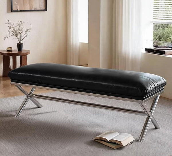 Modern Shoe Changing Ottoman, Mid-Century Hall Bench, Luxury Genuine Leather Entry Bench, Upholstered Shoe Bench, Contemporay Bedroom Bench, Narrow Entryway Bench-Silvia Home Craft