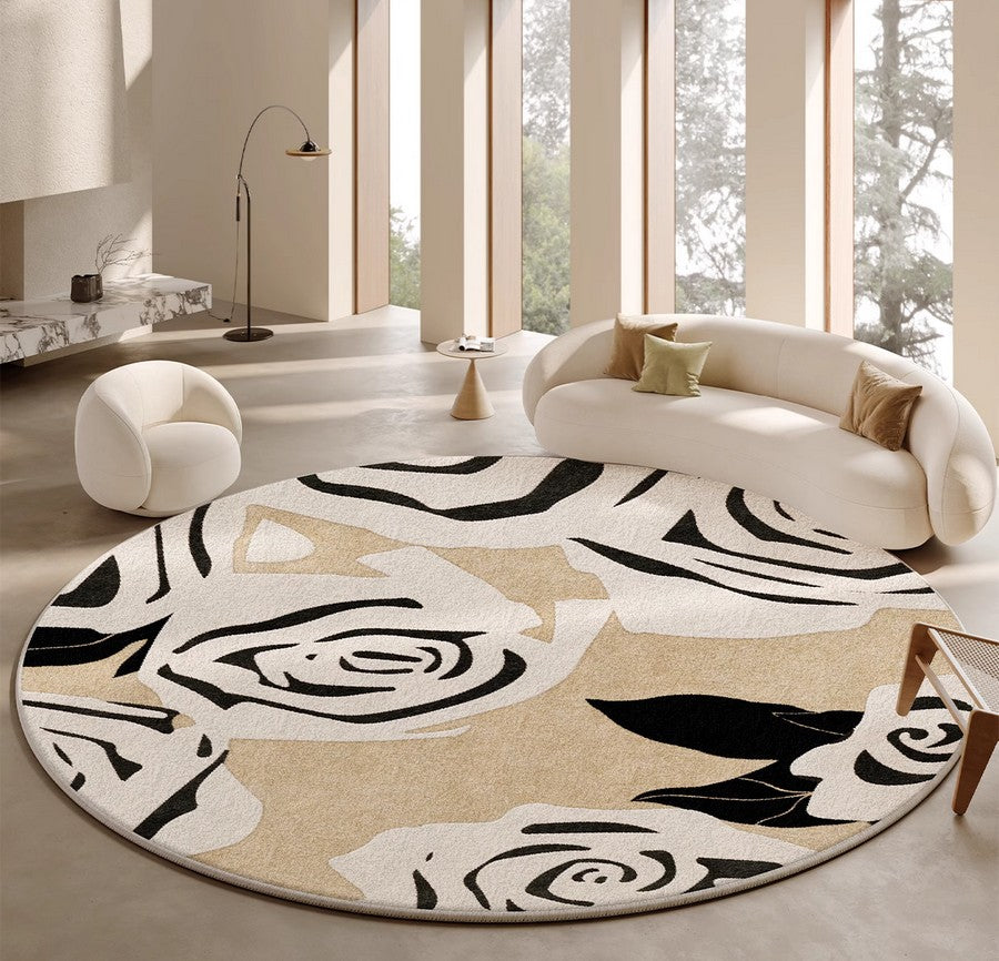 Abstract Contemporary Rugs for Bedroom, Modern Round Rugs under Coffee Table, Circular Rugs for Dining Table, Modern Cream Color Rugs for Living Room-Silvia Home Craft