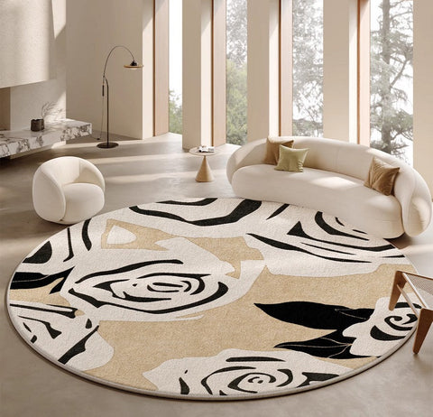 Abstract Contemporary Rugs for Bedroom, Modern Round Rugs under Coffee Table, Circular Rugs for Dining Table, Modern Cream Color Rugs for Living Room-Silvia Home Craft
