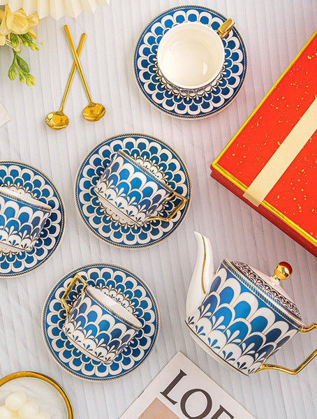 Porcelain Tea Cup and Saucer Set of 4 cups, Blue Tea Cup and Saucer Set with Teapot in Gift Box, 7.4 oz Modern Ceramic Coffee Cups for Office-Silvia Home Craft