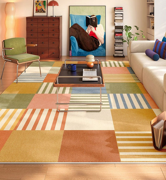 Living Room Modern Rugs, Modern Living Room Rug Placement Ideas, Contemporary Geometric Rugs for Bedroom, Colorful Carpets for Apartment-Silvia Home Craft