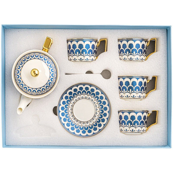 Porcelain Tea Cup and Saucer Set of 4 cups, Blue Tea Cup and Saucer Set with Teapot in Gift Box, 7.4 oz Modern Ceramic Coffee Cups for Office-Silvia Home Craft
